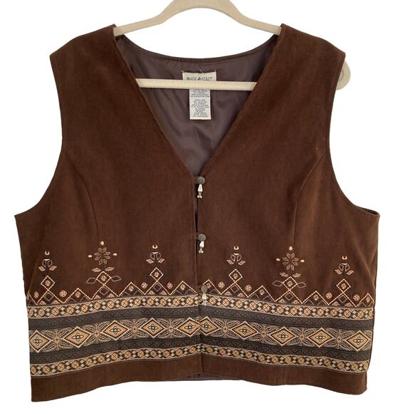 White Stag Jackets & Blazers - Vintage Womens XL Brown Faux Suede Geo Embroidered Vest Western Festival Boho